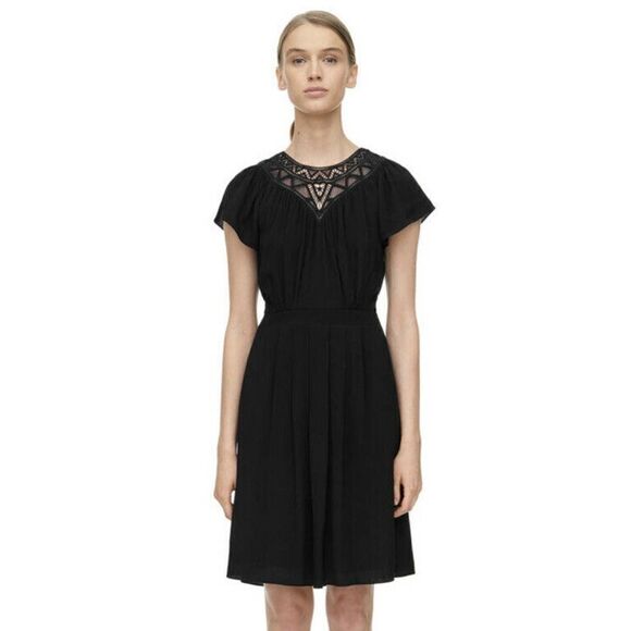 Rebecca Taylor Black Crepe Lace Short Sleeve Dress - Picture 1 of 12